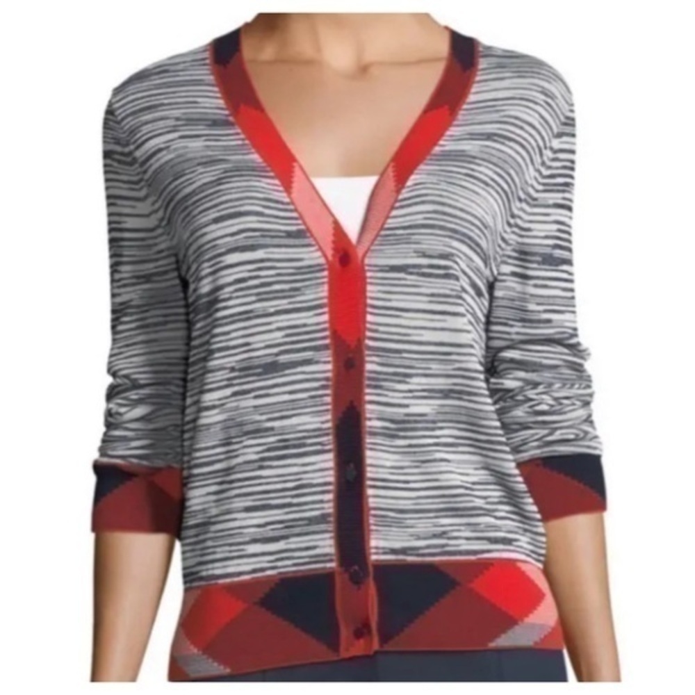 TORY BURCH ARIELLE WITH CONTRAST TRIM CARDIGAN TORY NAVY/ NEW IVORY/RED NWT